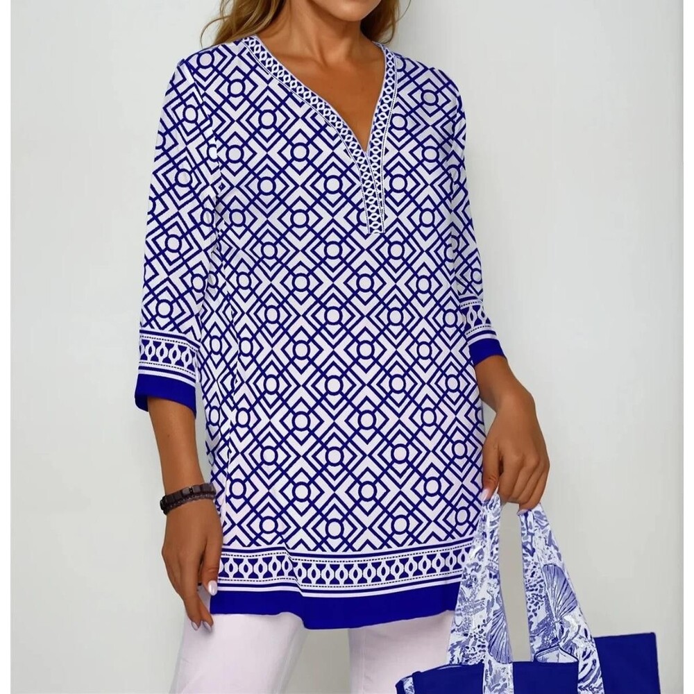 Rezobay Trelis Print 3/4 Sleeve V-Neck Placket Tunic Top Blue/White Size 3XL New